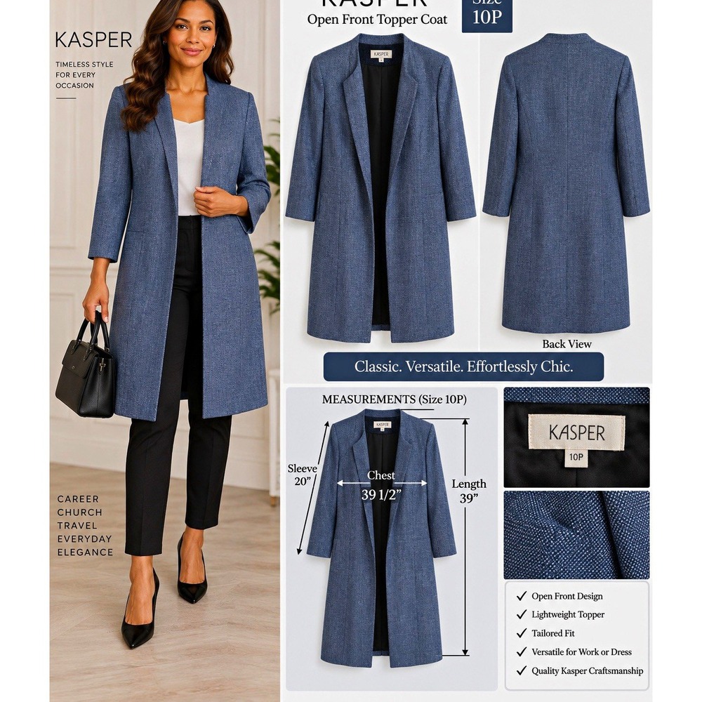Kasper Women's Blue Open Front Topper Coat Long 3/4 Sleeve Lined 10P